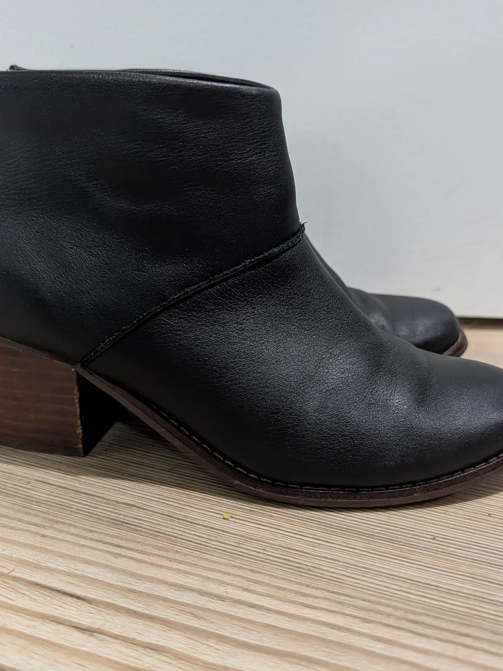 Toms Black Leather Ankle Booties with Brown Block Heel
